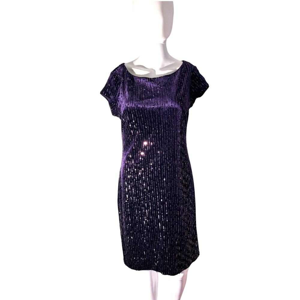 Eliza J Womens 8 Purple Velvet Sequin Cap Sleeve Sheath Dress Knee Length